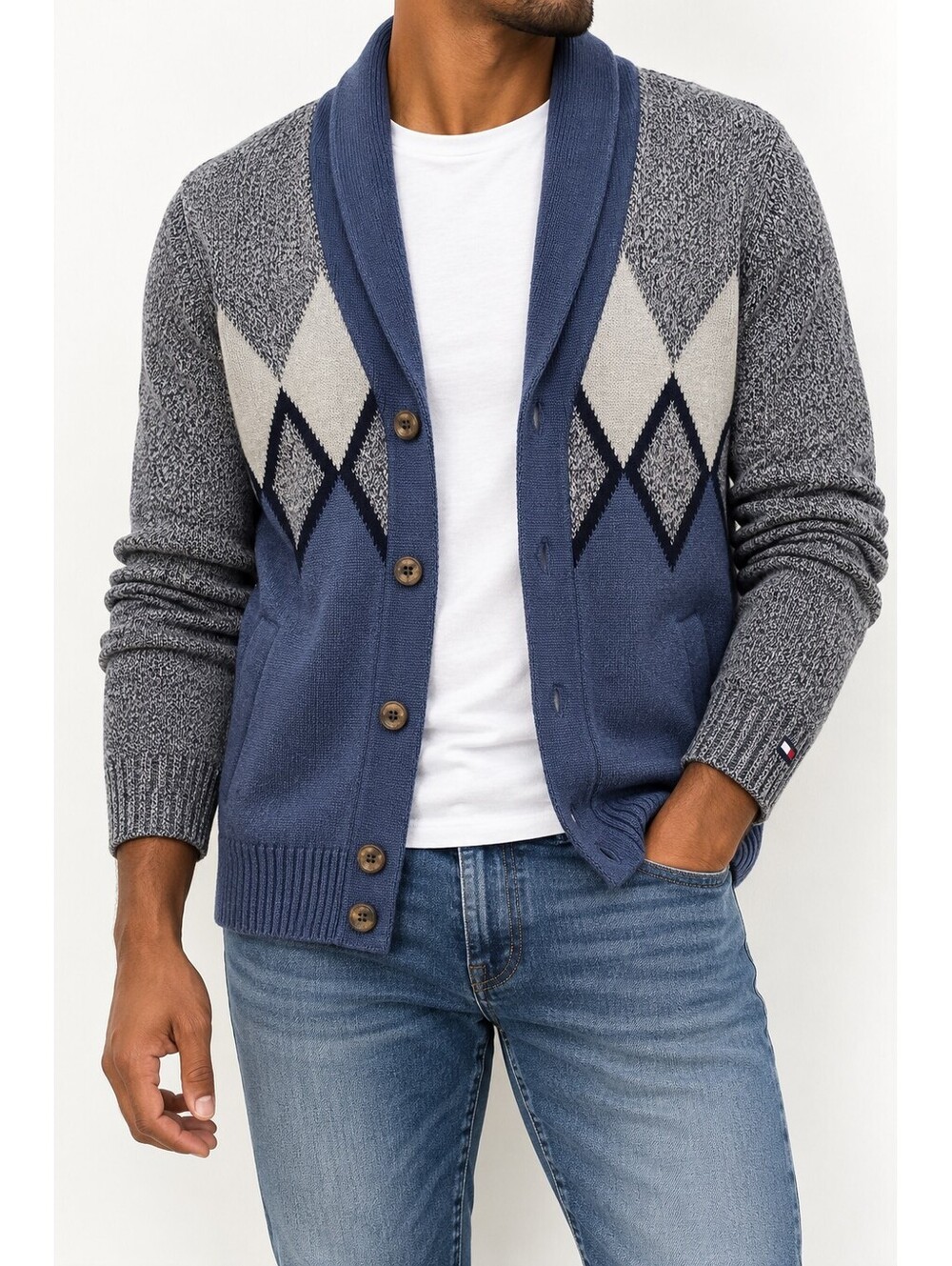 Argyle Shawl Collar Button Cardigan Sweater Size L